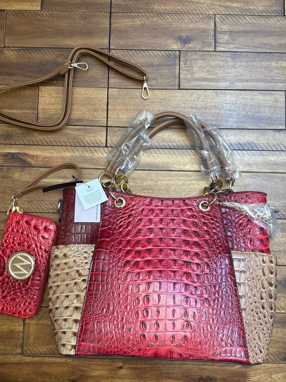 Brand new MKF Collection Red Croc-Embossed Tote Bag with Beige Accents